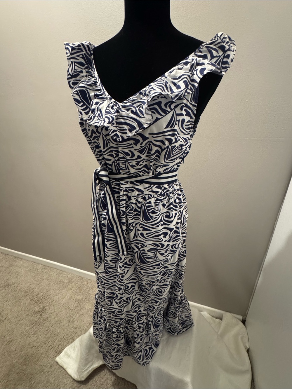 Vineyard Vines Navy and White Ruffle Maxi Dress
